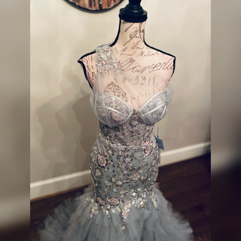 Sage green mermaid ruffle prom dress formal gown or nontraditional wedding dress
